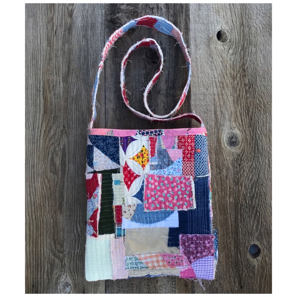 Handmade Boro Style Patchwork Quilted Cottagecore Crossbody Tote Bag 13x15
